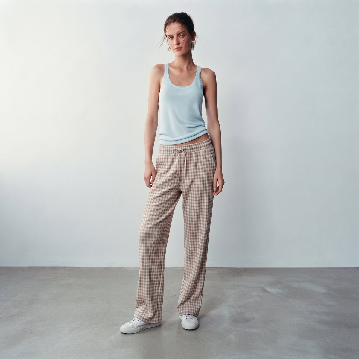 Gloria Jeans | Women's Gingham Check Wide-Leg Lounge Trousers - Beige & White