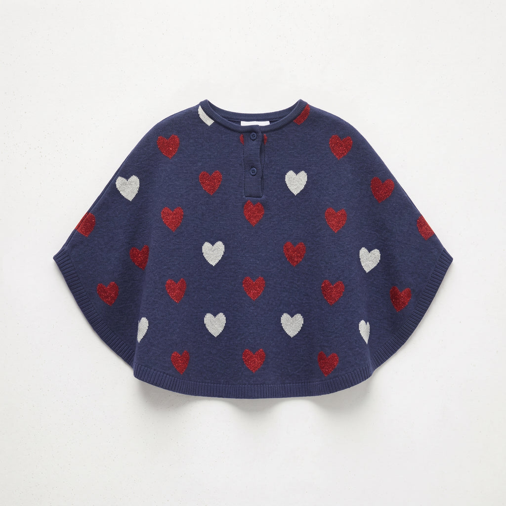 Lily & Jack | Girls' Heart Knit Buttoned Poncho - Navy Blue