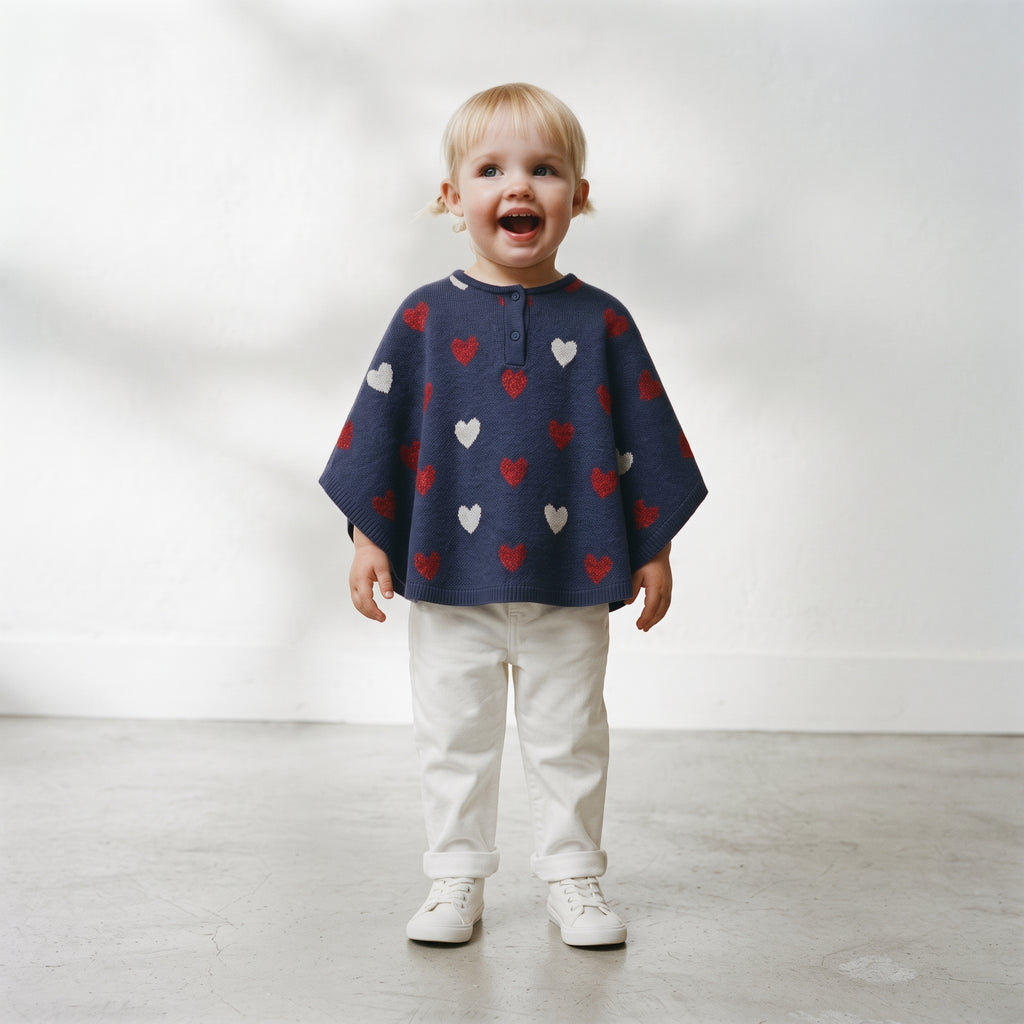 Lily & Jack | Girls' Heart Knit Buttoned Poncho - Navy Blue