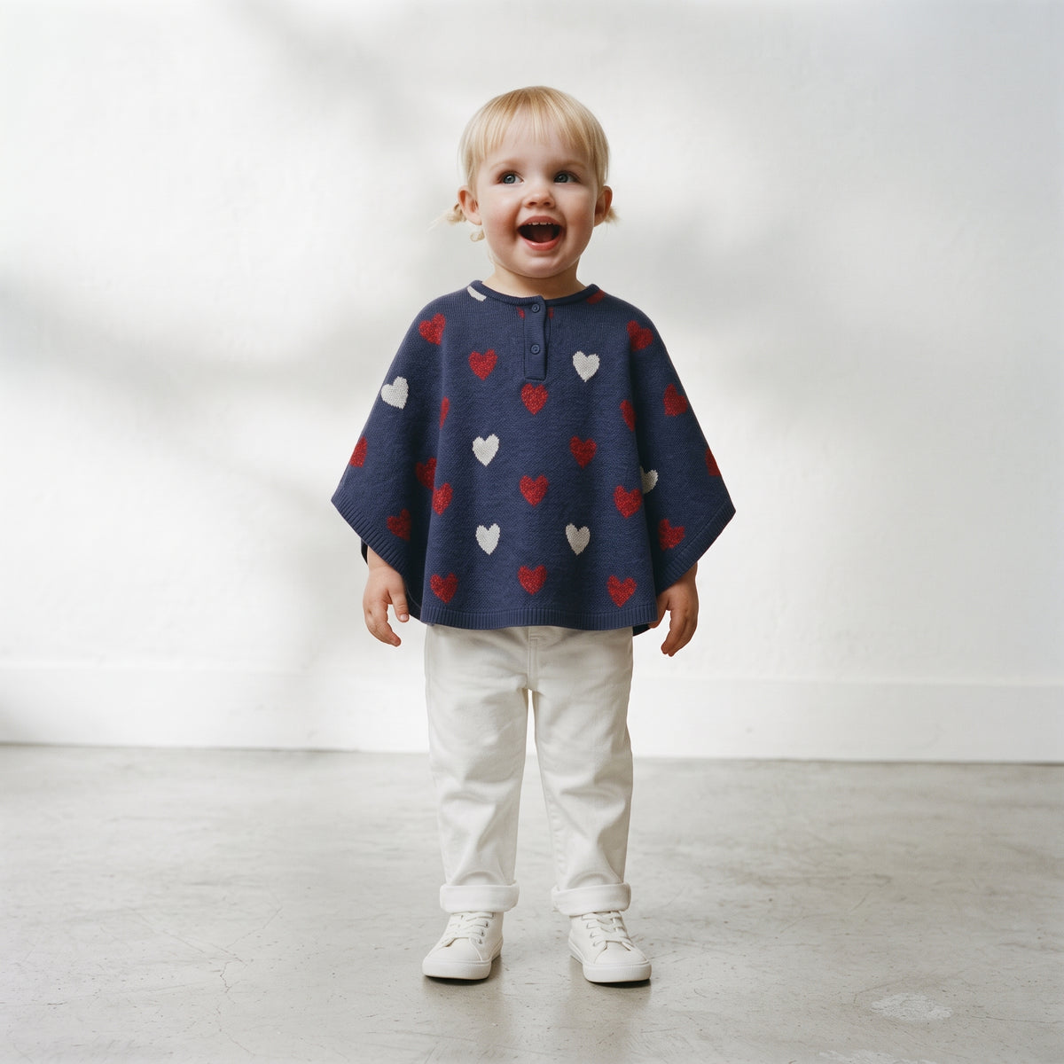 Lily & Jack | Girls' Heart Knit Buttoned Poncho - Navy Blue