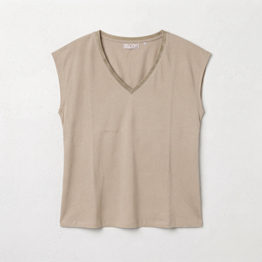 MLN | Women's Contrast Trim Deep V-Neck Muscle Tee - Black & Taupe