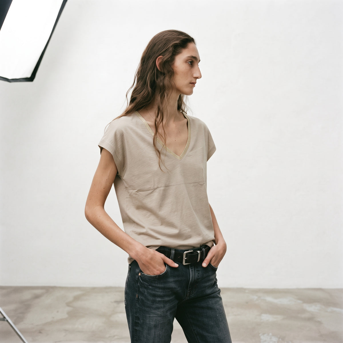 MLN | Women's Contrast Trim Deep V-Neck Muscle Tee - Black & Taupe