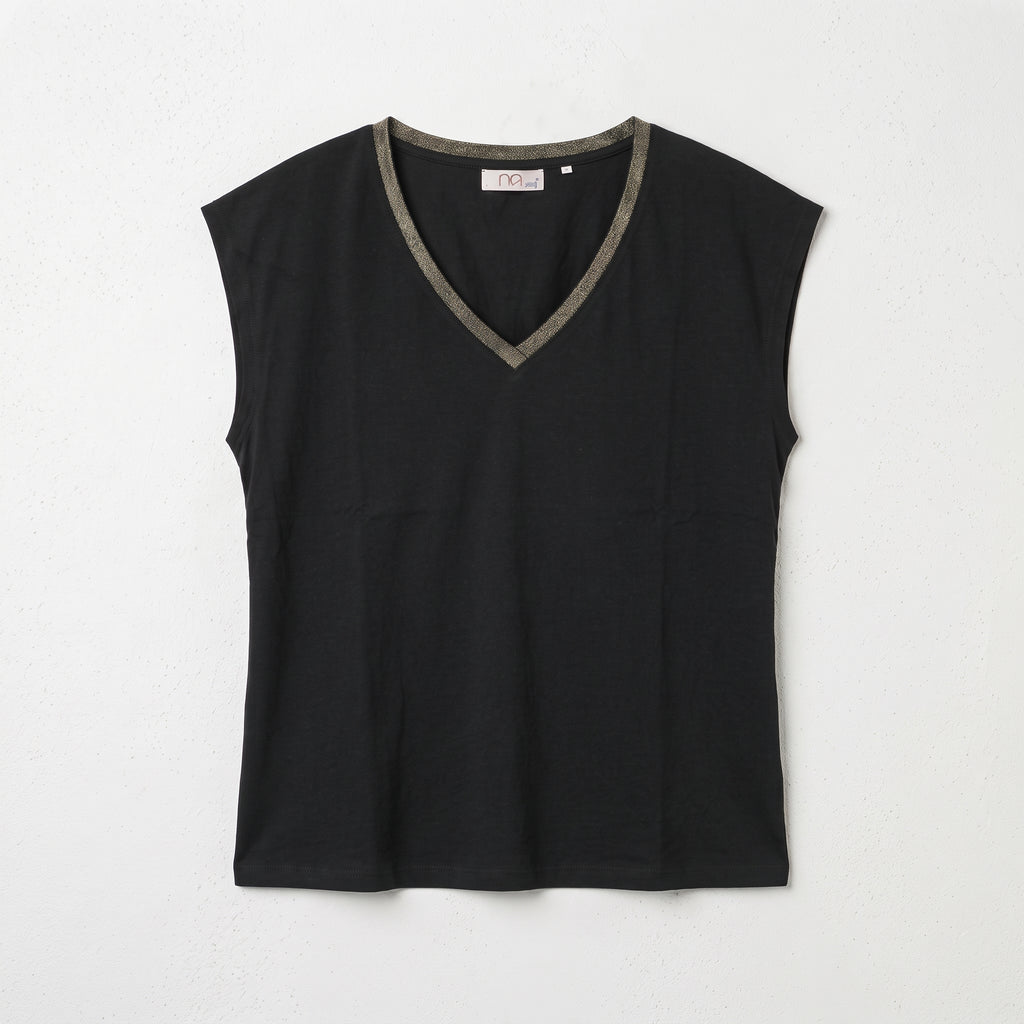 MLN | Women's Contrast Trim Deep V-Neck Muscle Tee - Black & Taupe