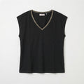 MLN | Women's Contrast Trim Deep V-Neck Muscle Tee - Black & Taupe