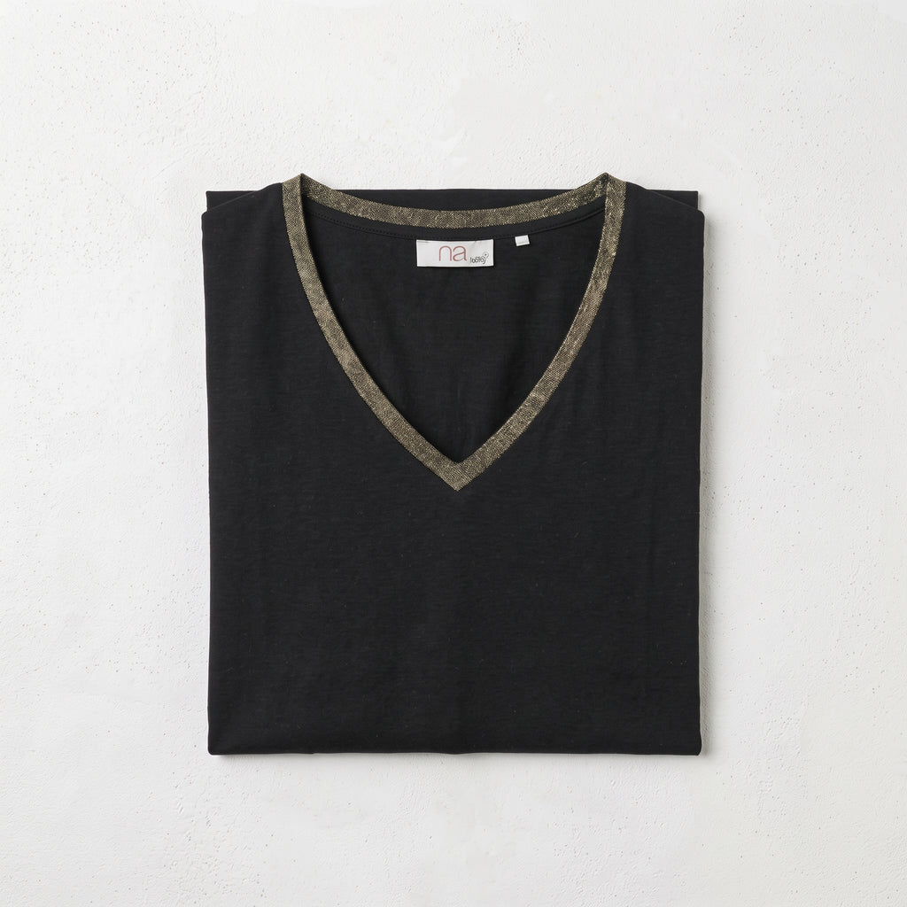 MLN | Women's Contrast Trim Deep V-Neck Muscle Tee - Black & Taupe
