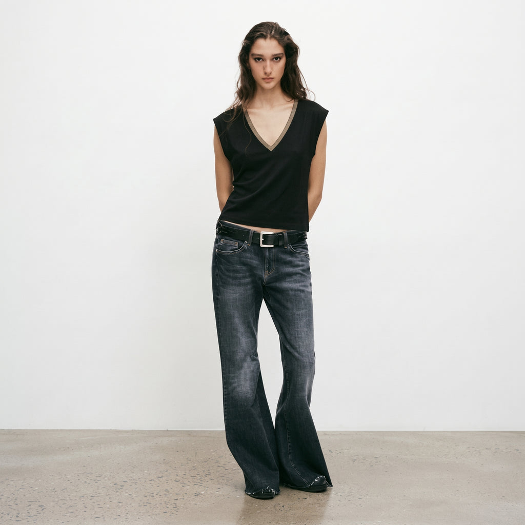 MLN | Women's Contrast Trim Deep V-Neck Muscle Tee - Black & Taupe