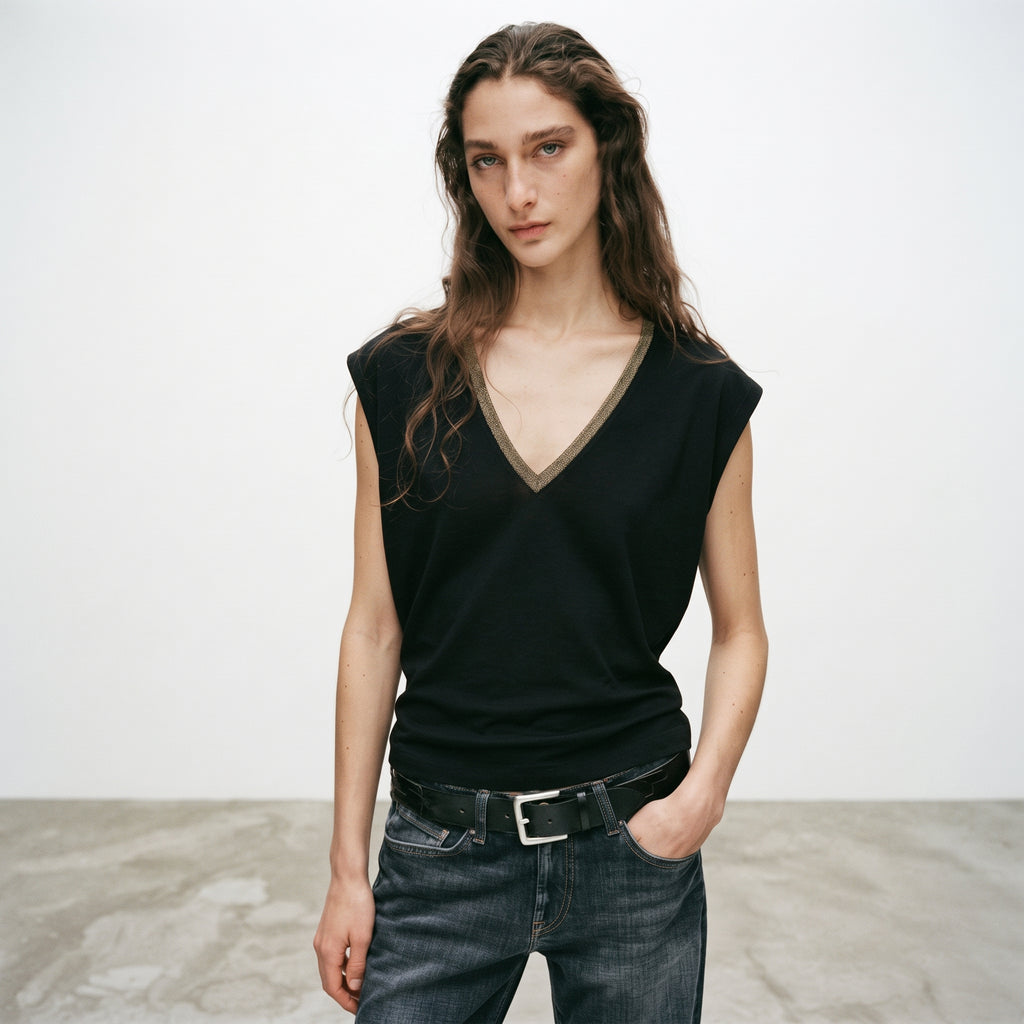 MLN | Women's Contrast Trim Deep V-Neck Muscle Tee - Black & Taupe