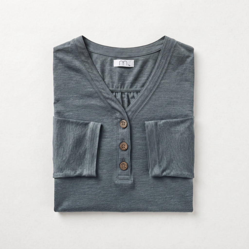 MLN | Slub Cotton Henley Long Sleeve Top