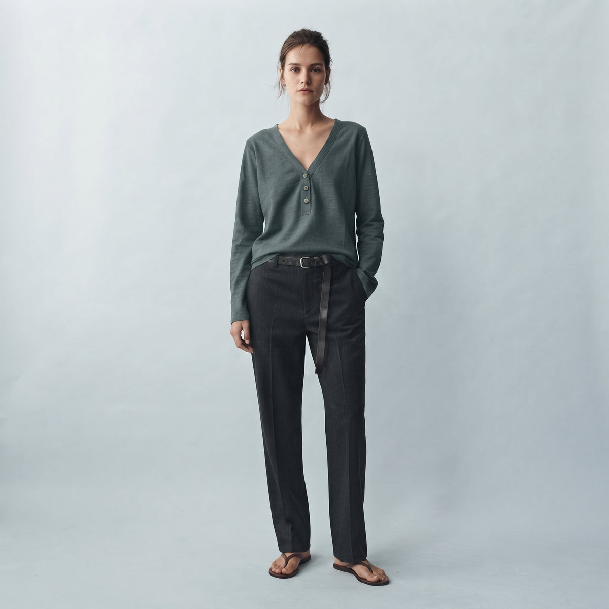 MLN | Slub Cotton Henley Long Sleeve Top