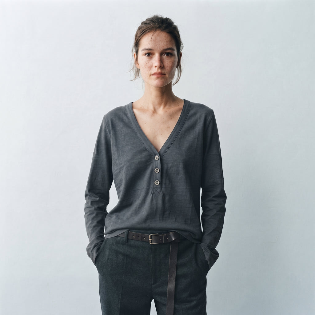 MLN | Slub Cotton Henley Long Sleeve Top