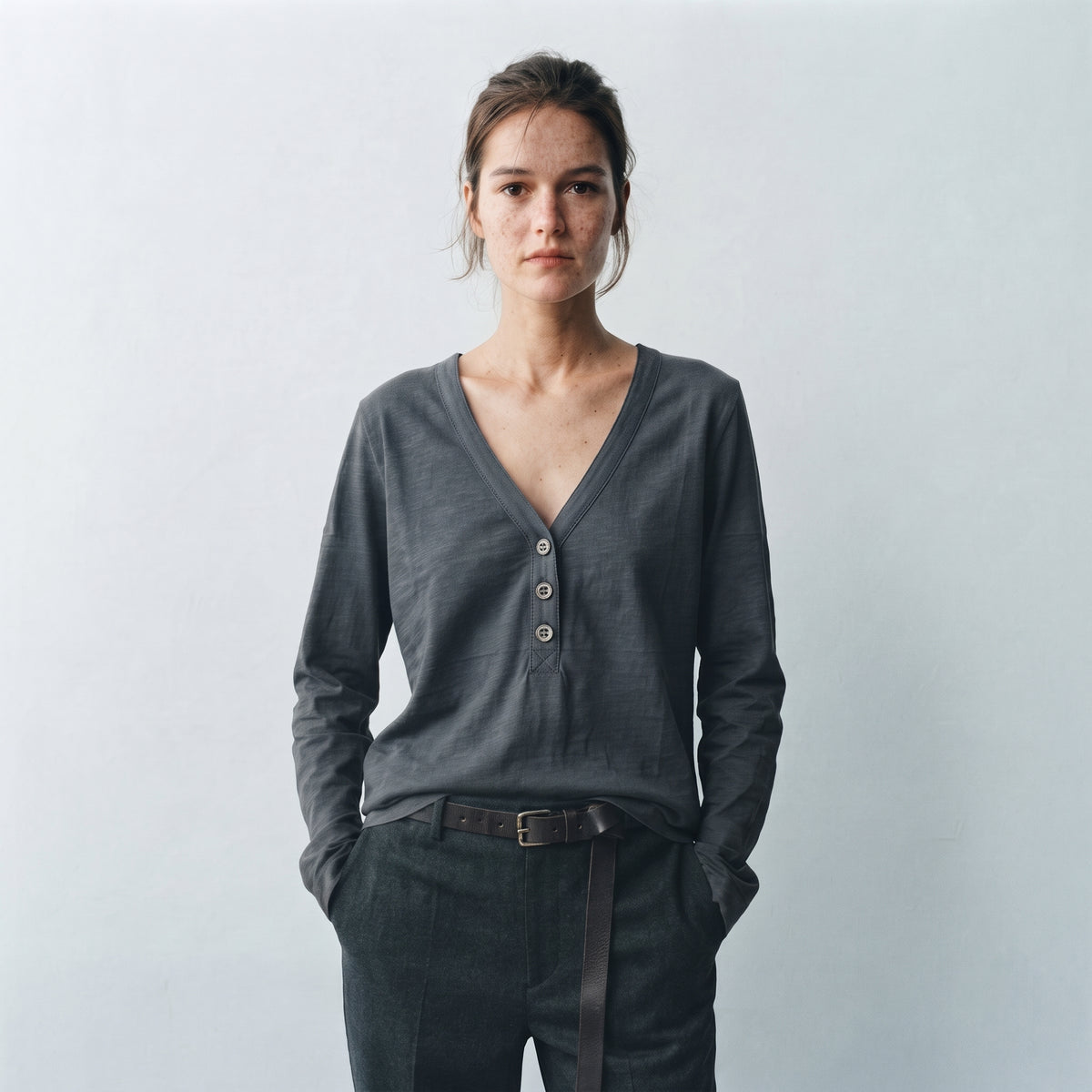MLN | Slub Cotton Henley Long Sleeve Top