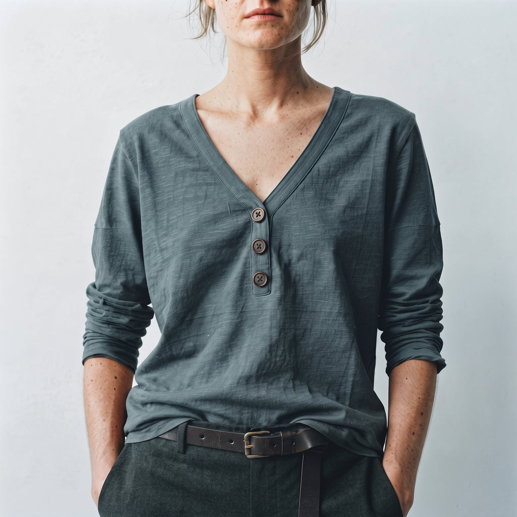 MLN | Slub Cotton Henley Long Sleeve Top