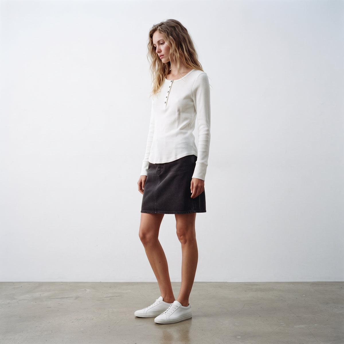Next | Women's Long Sleeve Waffle Henley Top - Ecru White