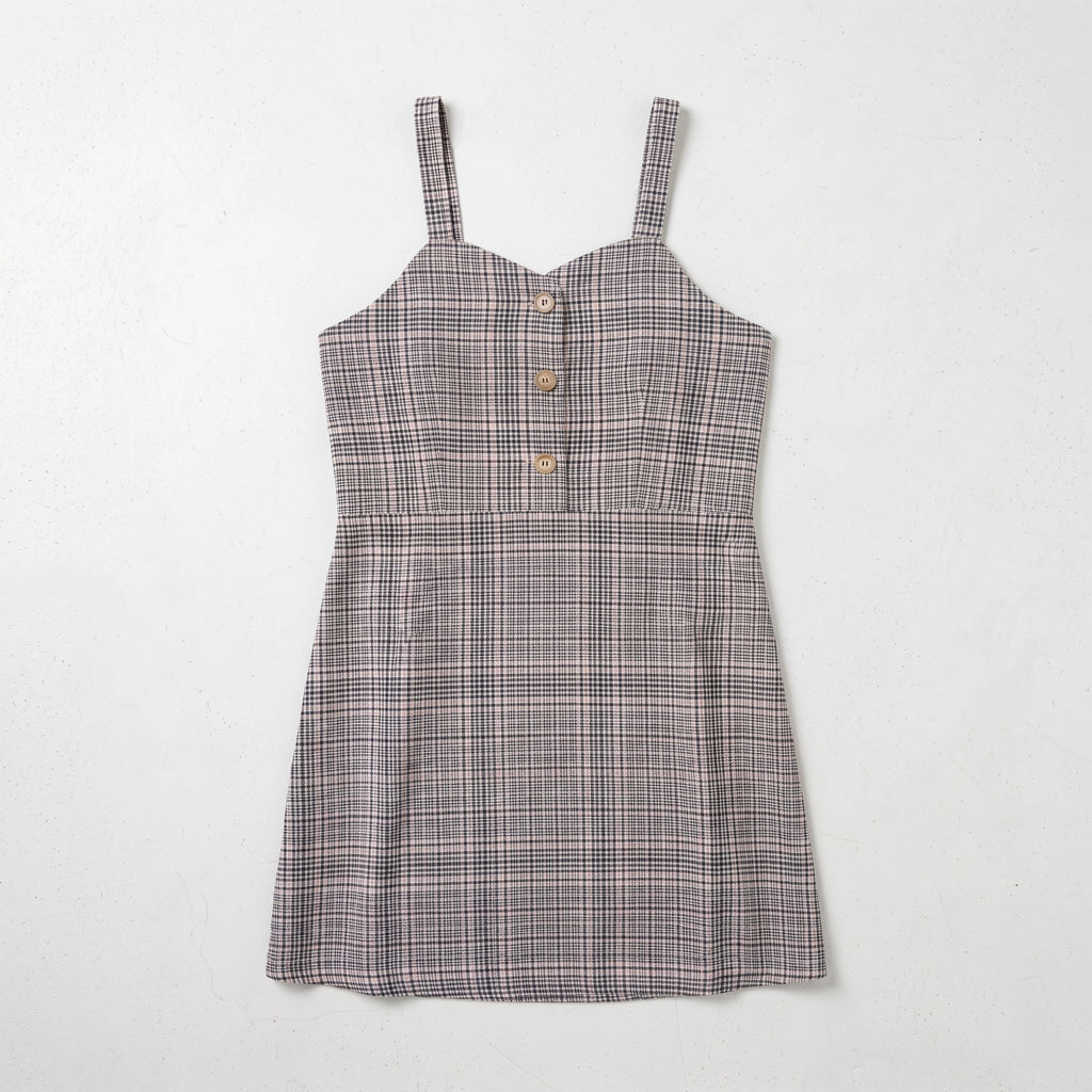 Primark | Girl's Plaid Button-Front Pinafore Mini Dress - Neutral Brown Check