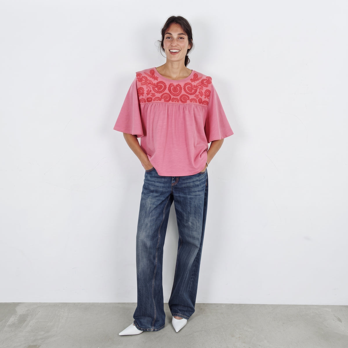 Cortefiel | Women's Embroidered Yoke Flutter-Sleeve Top