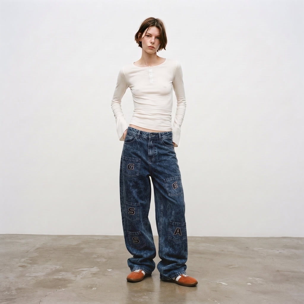 LVD Women's Multi-Pocket Letter Patch Baggy Skate Jeans