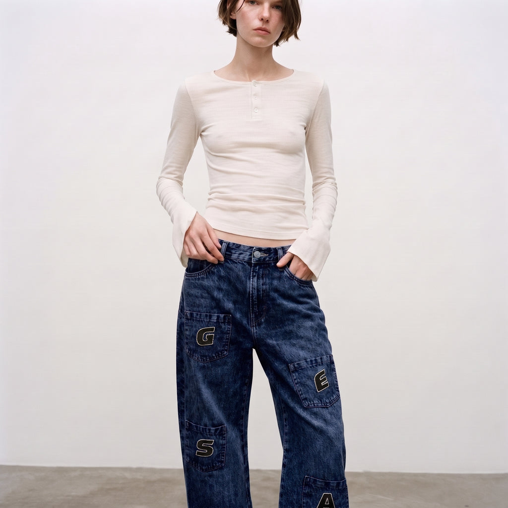 LVD Women's Multi-Pocket Letter Patch Baggy Skate Jeans