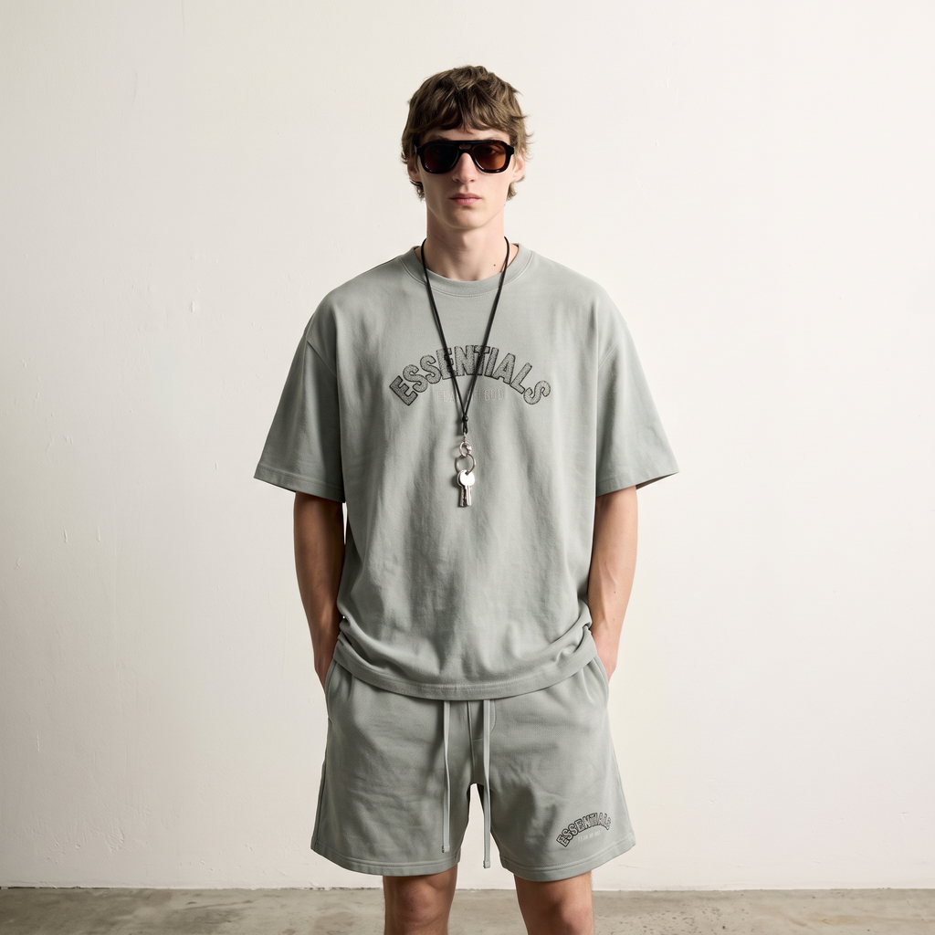 Fear of God | Essentials Men's Chenille Logo Oversized T-Shirt and Shorts Co-Ord Set