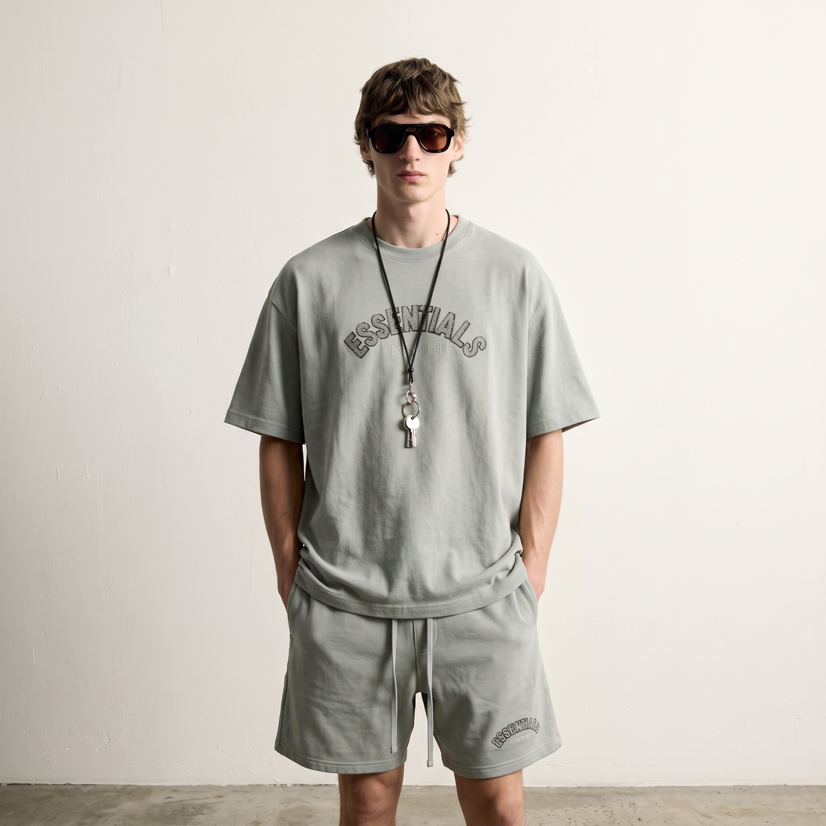 Fear of God | Essentials Men's Chenille Logo Oversized T-Shirt and Shorts Co-Ord Set