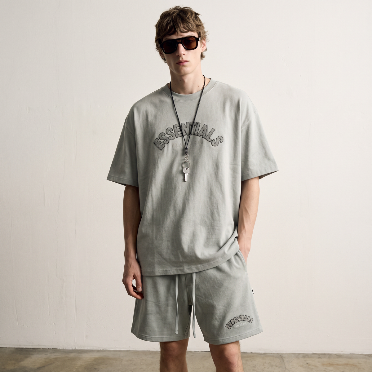 Fear of God | Essentials Men's Chenille Logo Oversized T-Shirt and Shorts Co-Ord Set