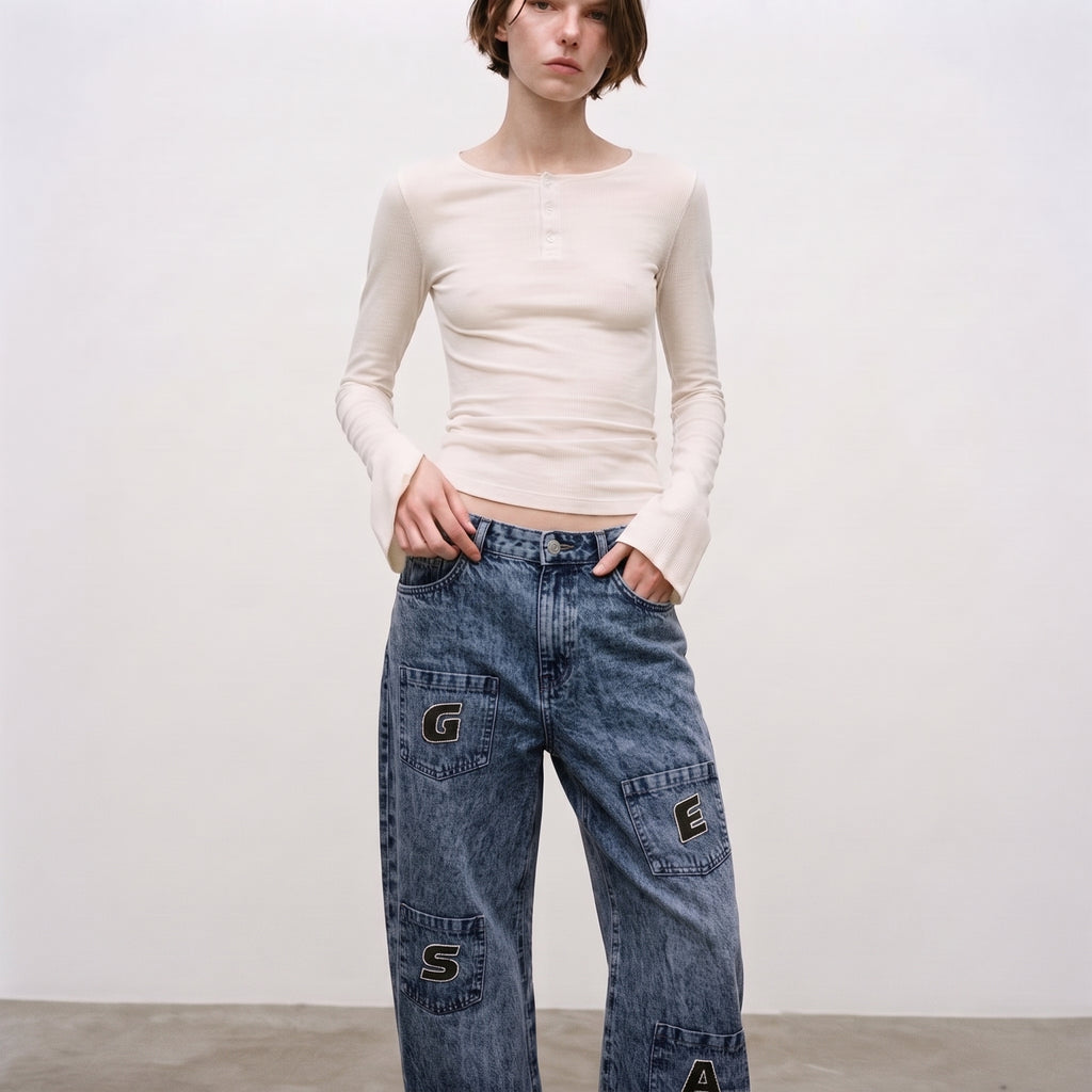 LVD Women's Multi-Pocket Letter Patch Baggy Skate Jeans