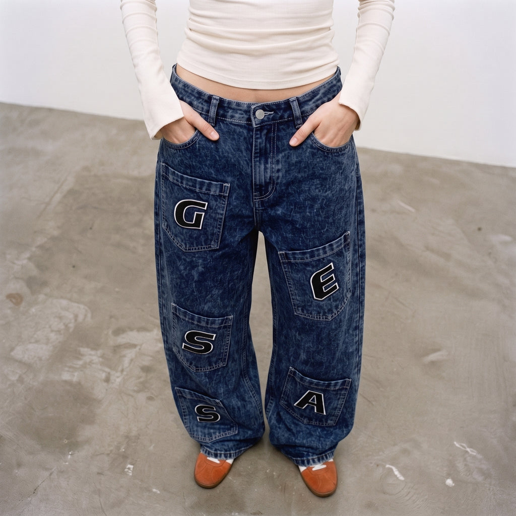 LVD Women's Multi-Pocket Letter Patch Baggy Skate Jeans