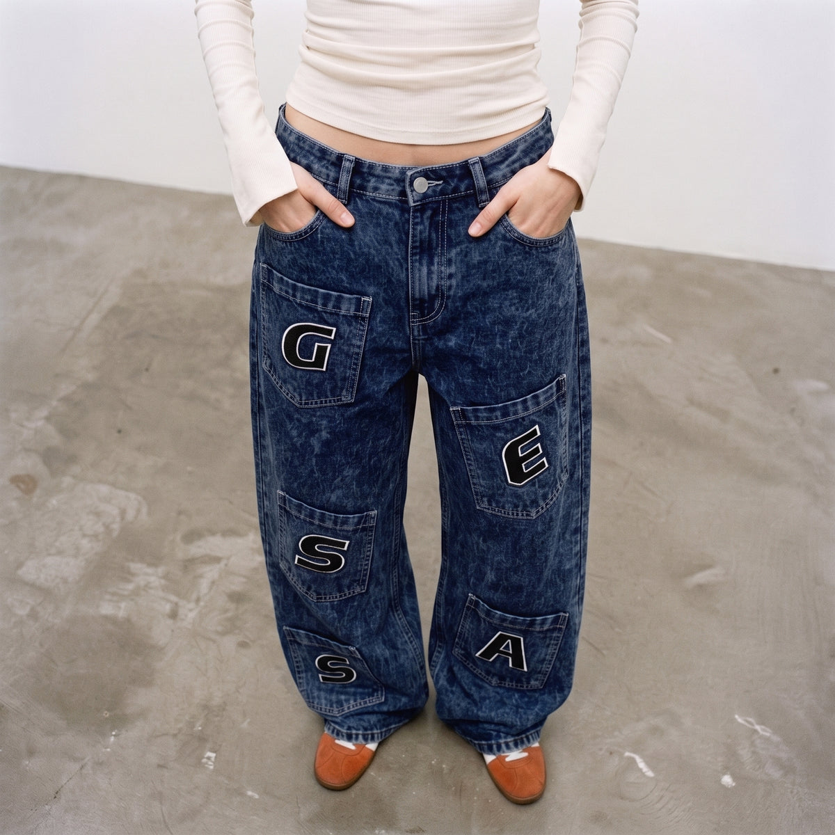 LVD Women's Multi-Pocket Letter Patch Baggy Skate Jeans