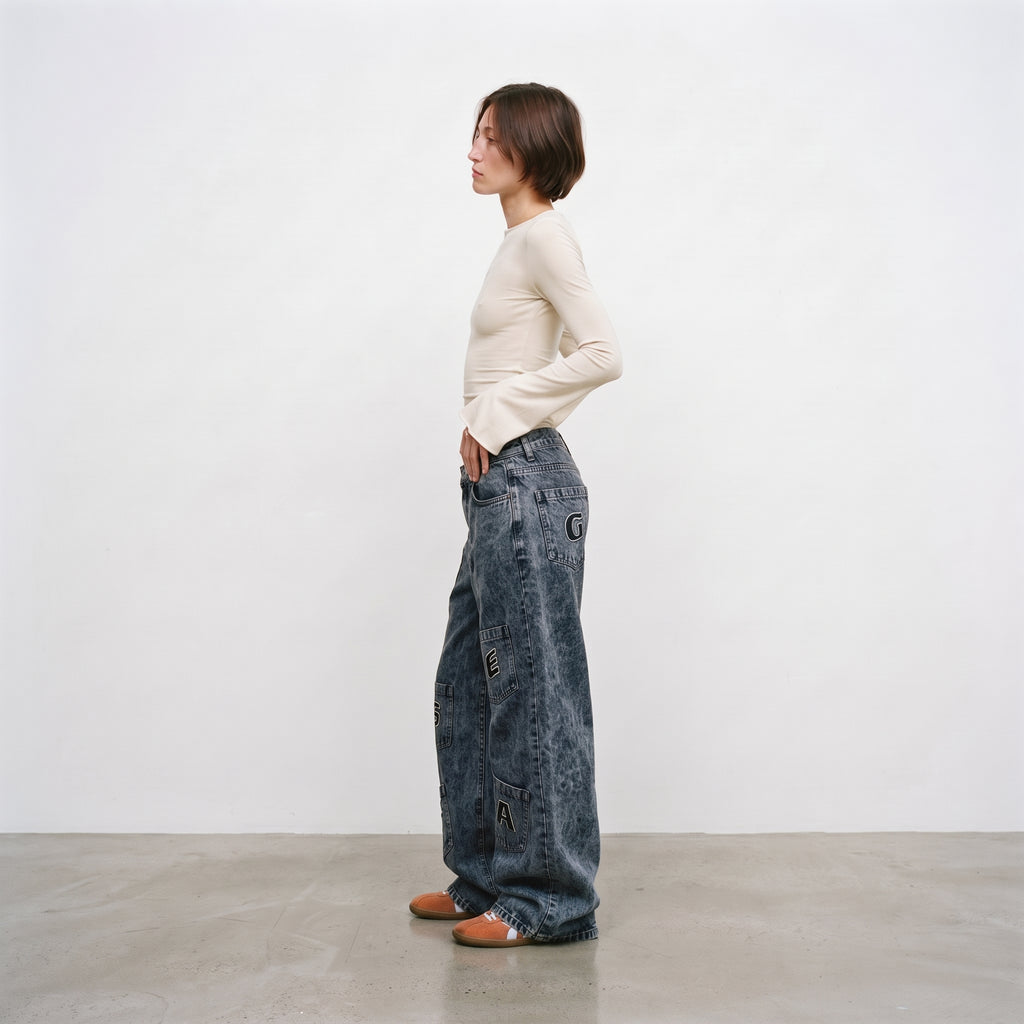 LVD Women's Multi-Pocket Letter Patch Baggy Skate Jeans