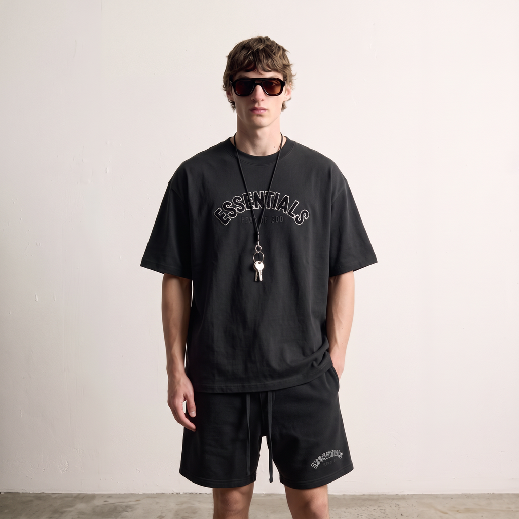 Fear of God | Essentials Men's Chenille Logo Oversized T-Shirt and Shorts Co-Ord Set