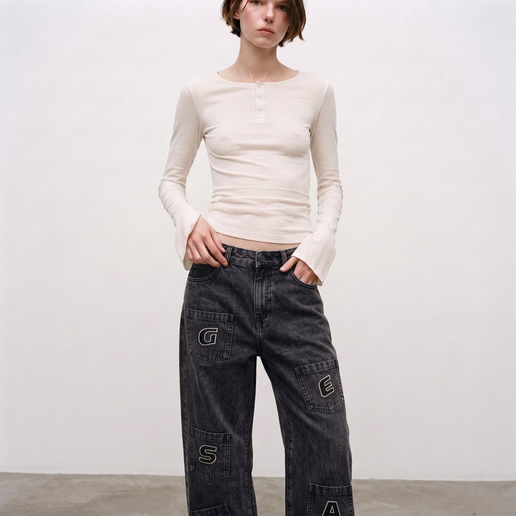 LVD Women's Multi-Pocket Letter Patch Baggy Skate Jeans