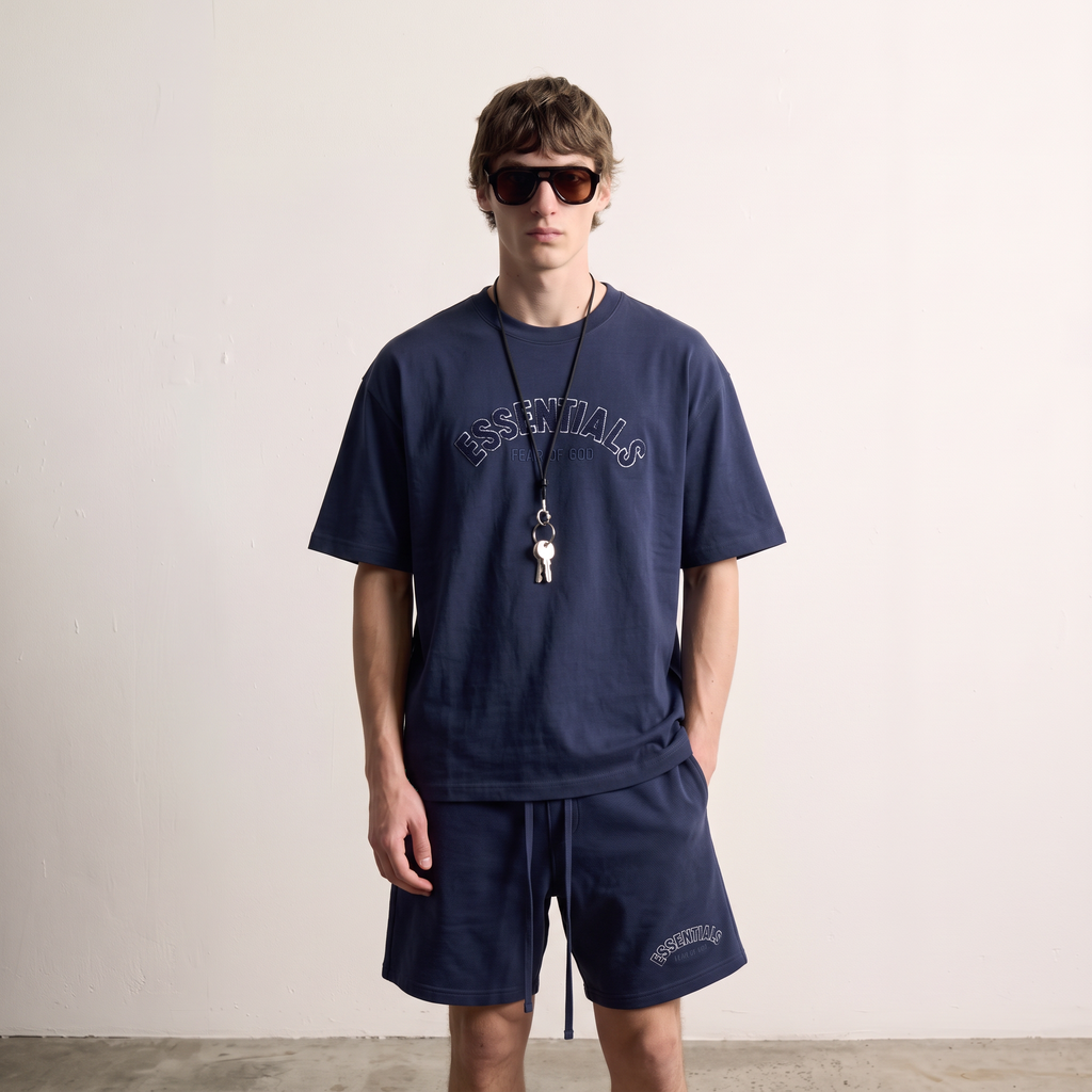 Fear of God | Essentials Men's Chenille Logo Oversized T-Shirt and Shorts Co-Ord Set
