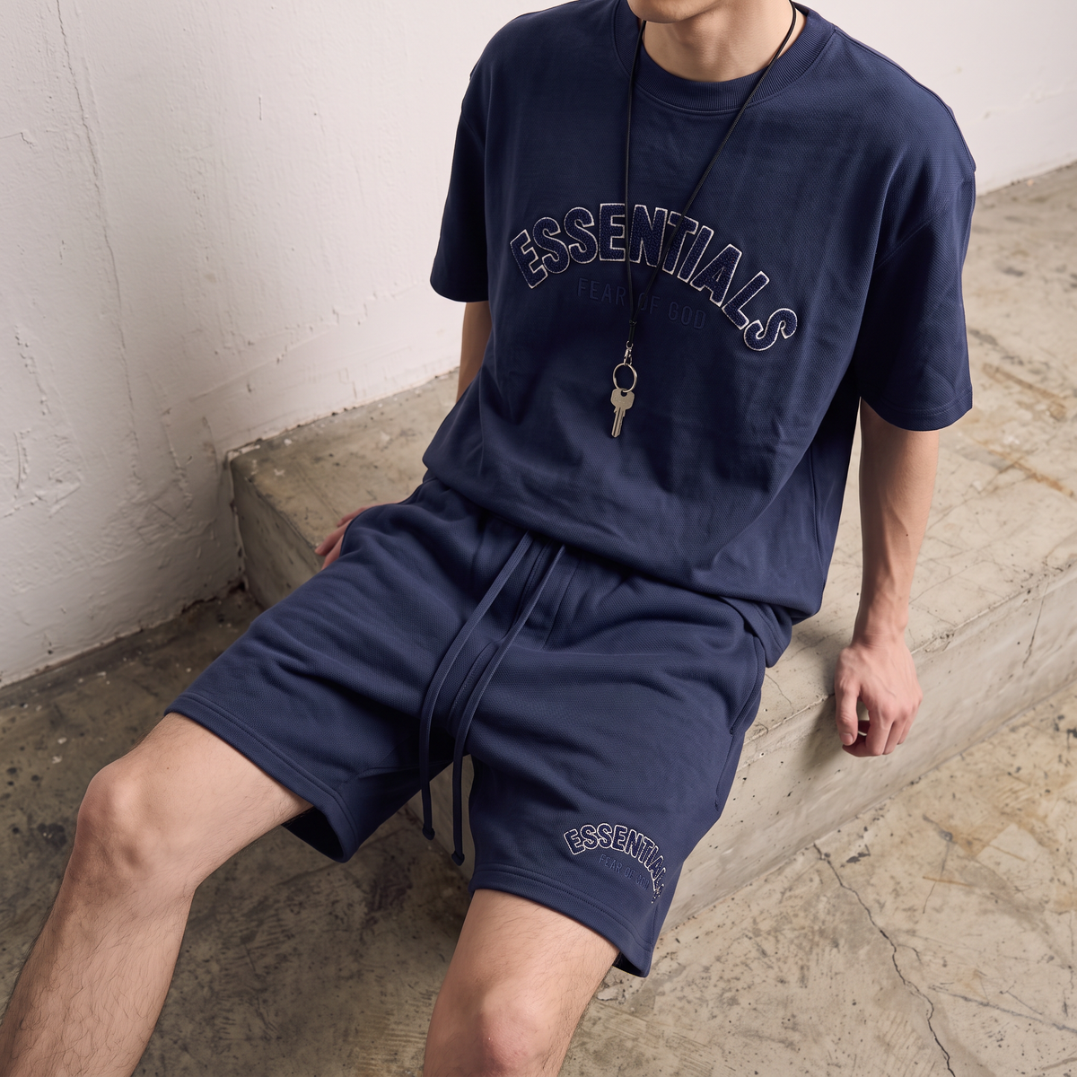 Fear of God | Essentials Men's Chenille Logo Oversized T-Shirt and Shorts Co-Ord Set
