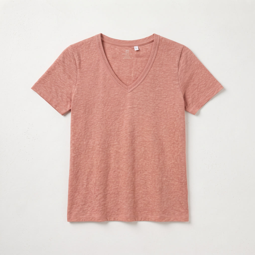 Cortefiel Women's Slub Cotton V-Neck T-Shirt