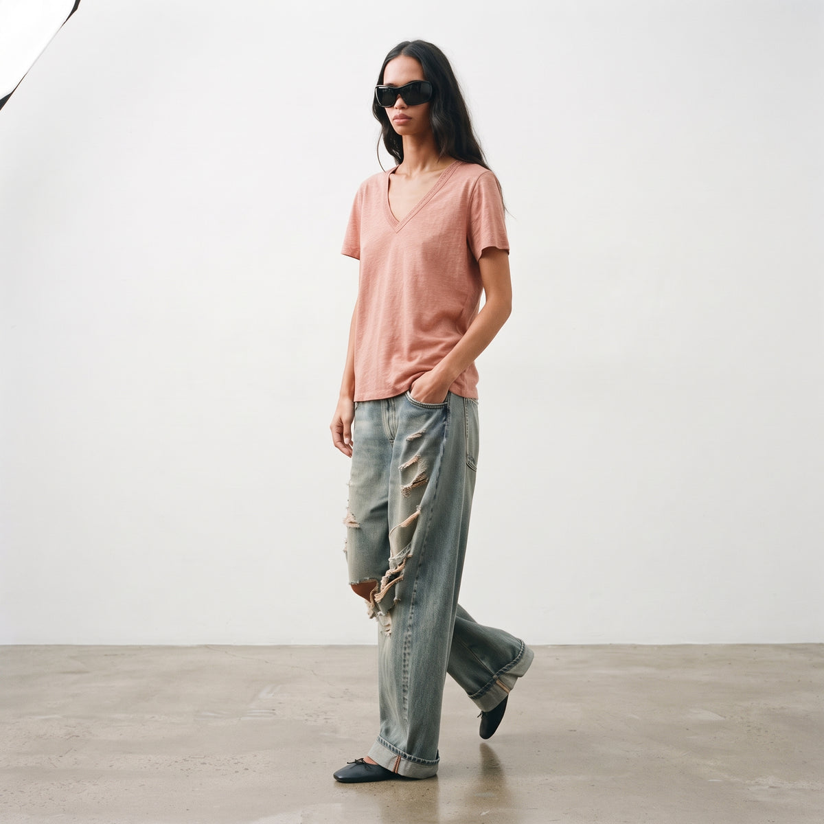 Cortefiel Women's Slub Cotton V-Neck T-Shirt