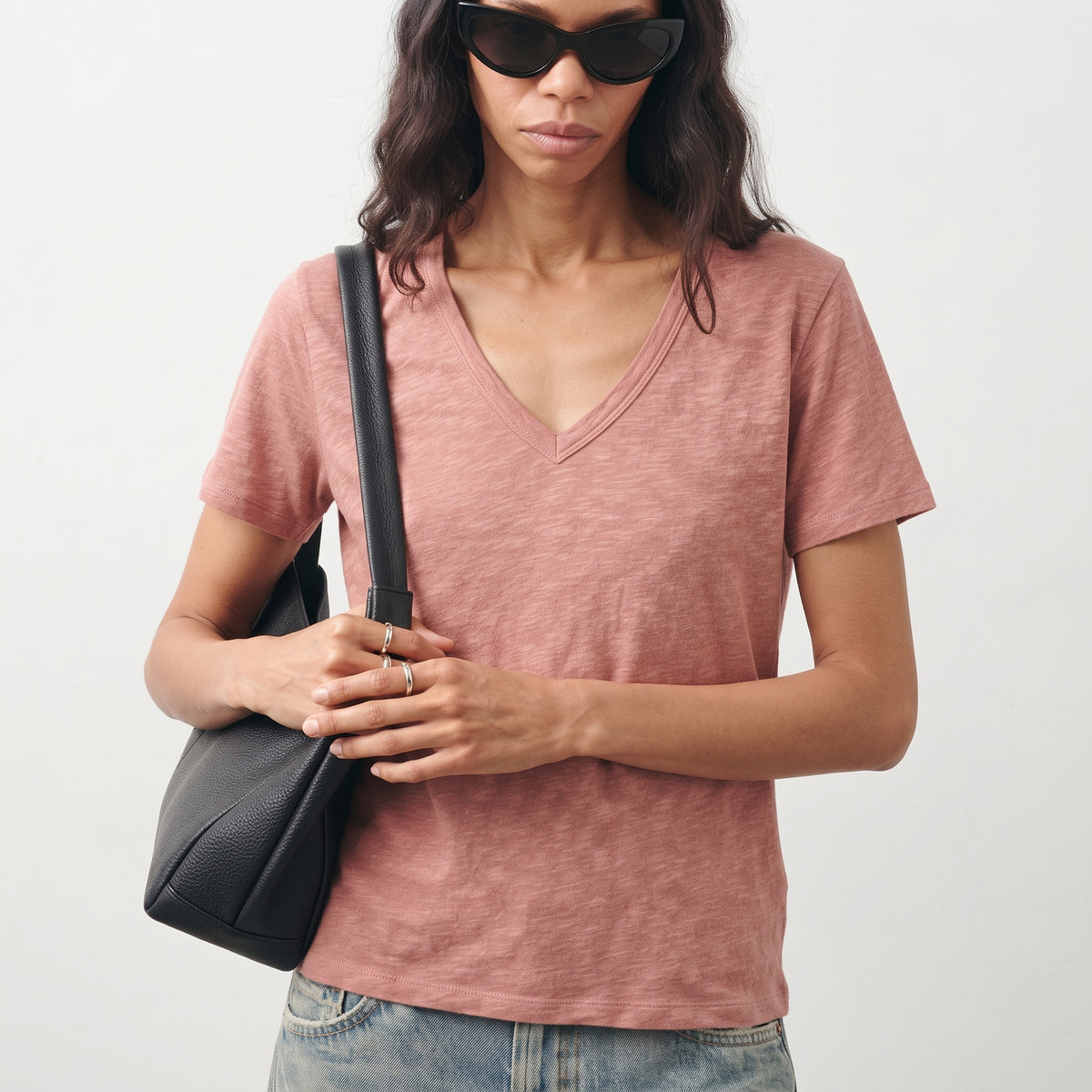 Cortefiel Women's Slub Cotton V-Neck T-Shirt