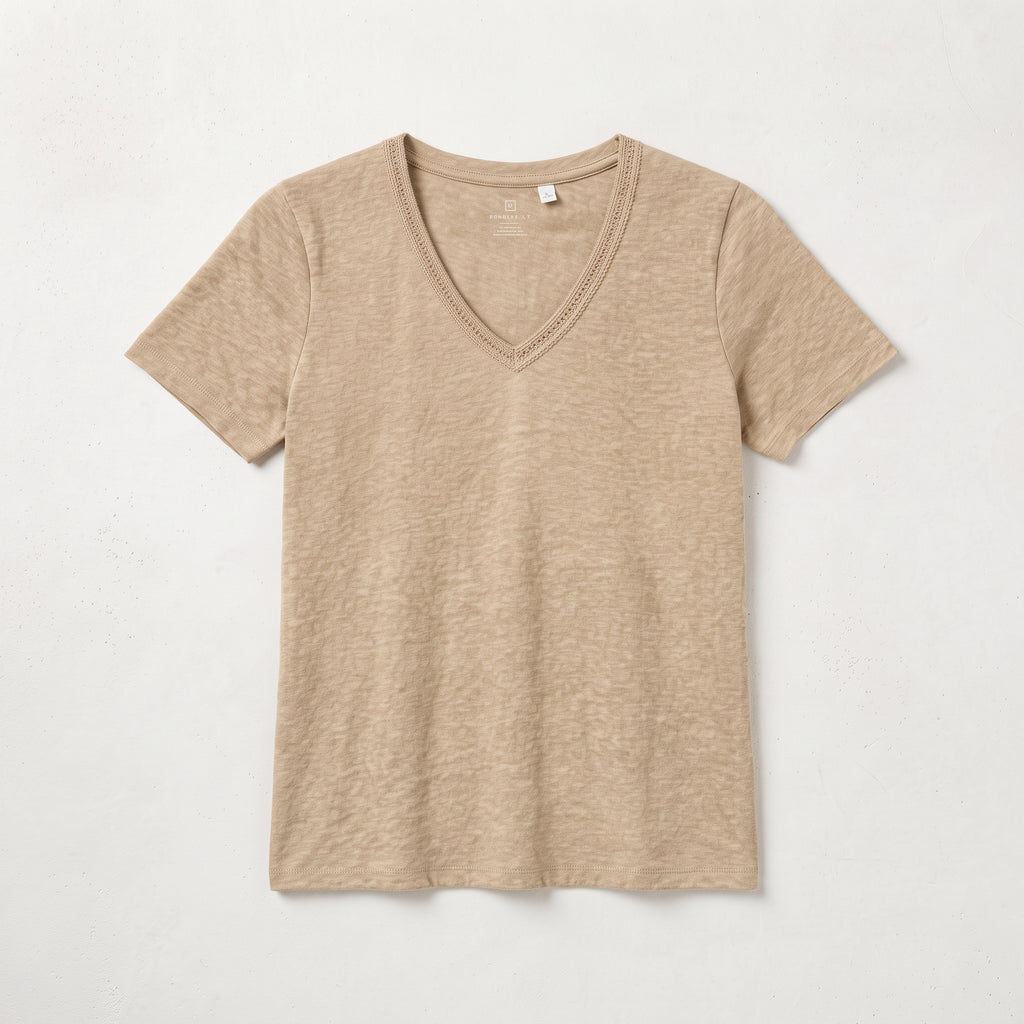 Cortefiel Women's Slub Cotton V-Neck T-Shirt
