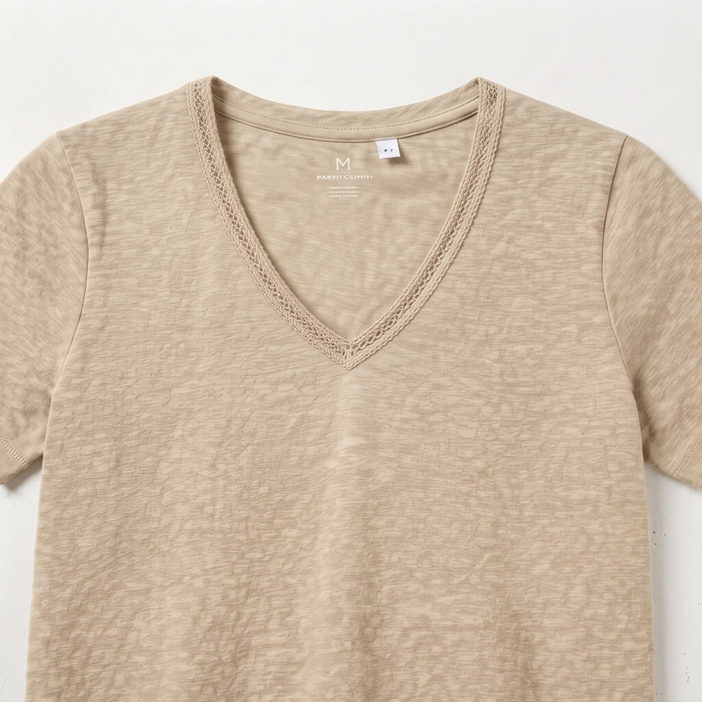 Cortefiel Women's Slub Cotton V-Neck T-Shirt