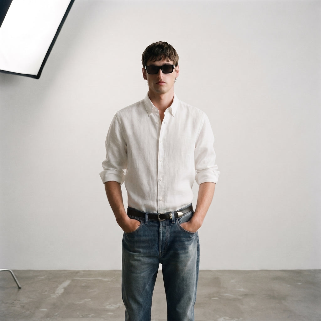 Zara Men's Linen-Cotton Blend Button-Down Long Sleeve Shirt