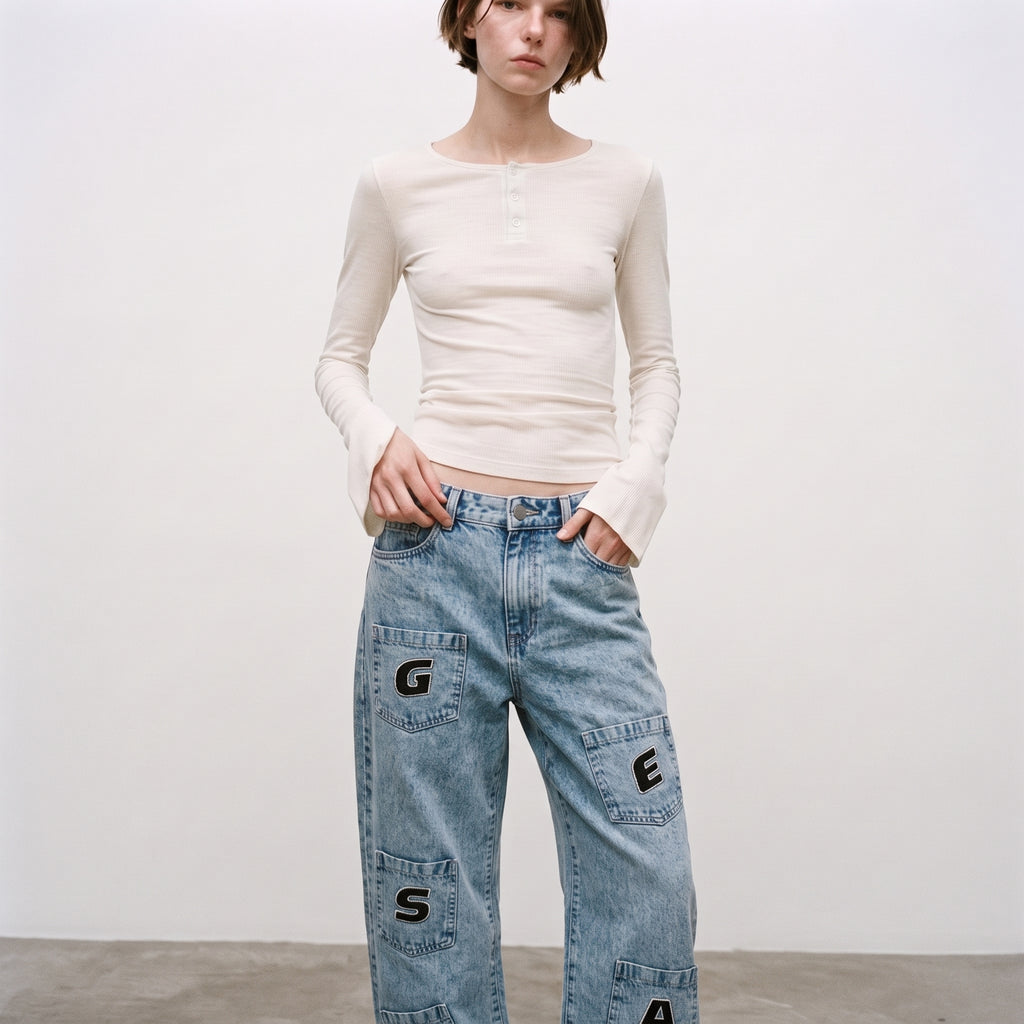 LVD Women's Multi-Pocket Letter Patch Baggy Skate Jeans