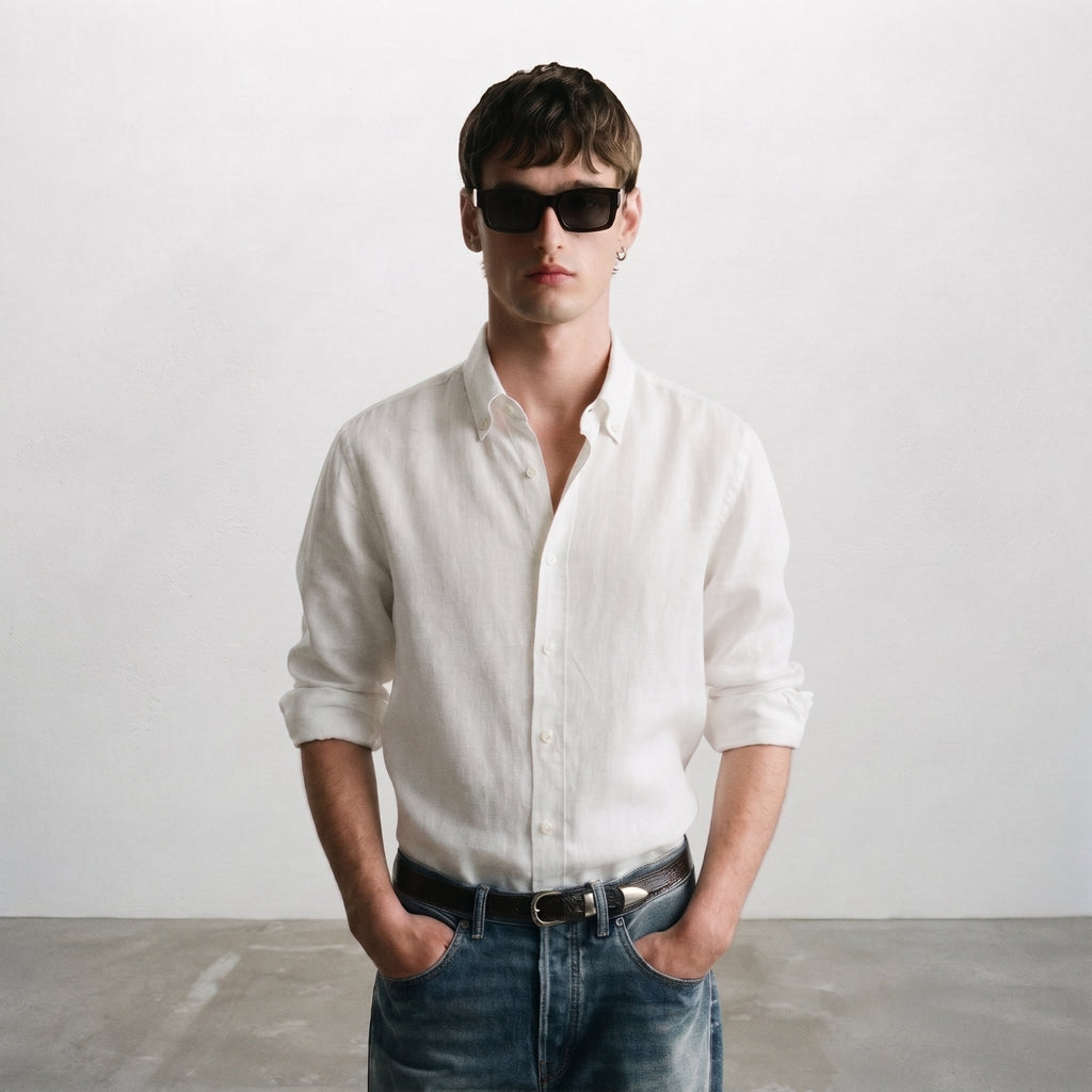 Zara Men's Linen-Cotton Blend Button-Down Long Sleeve Shirt